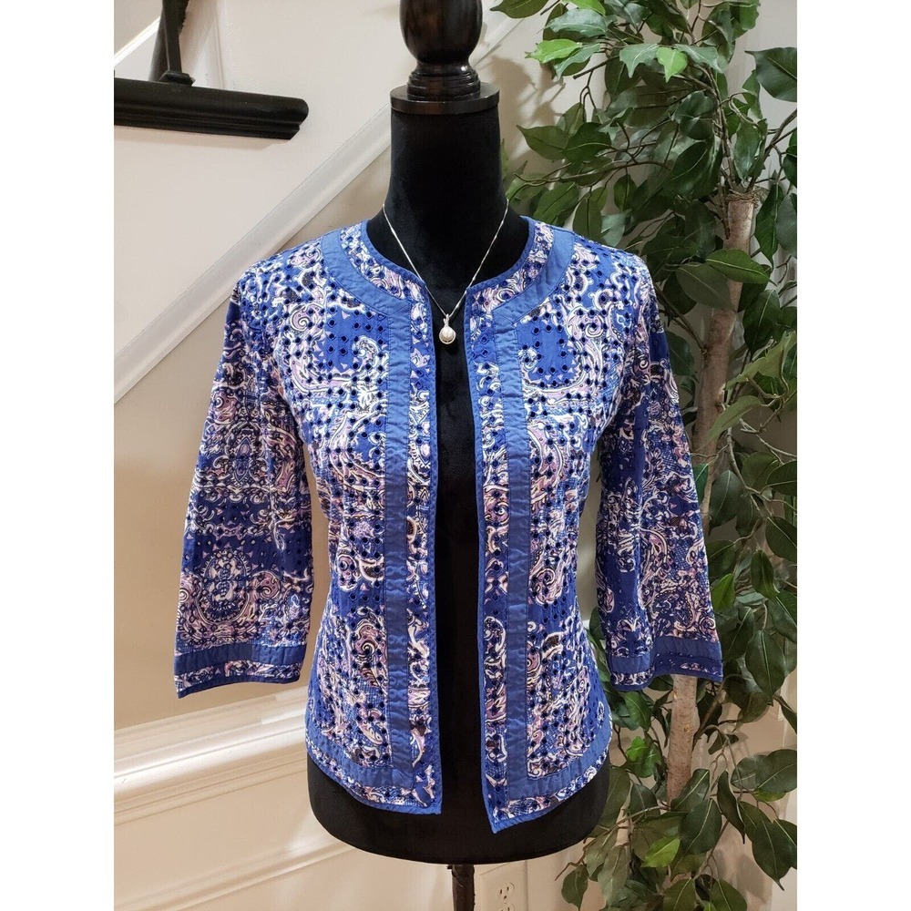 Chico's Blue Eyelet Cotton 3/4 Sleeve Open Front Cardigan‎ Jacket Size 0 Small